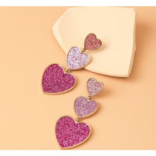 Cute Purple Pink Heart Pendant Drop Earrings for Women New Trendy Big Wedding Statement Earrings Wholesale Jewelry