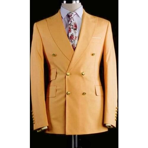 Double Breasted Men Suits Yellow Groom Tuxedos Peak Lapel Groomsmen Wedding Best Man 2 Pieces ( Jacket+Pantst+Tie ) D65