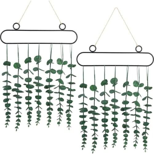 E7CB 2 Pieces Artificial Eucalyptus Wall Hanging Pendant Fake Greenery Leaves Rustic Boho Window Decoration with Metal Frame