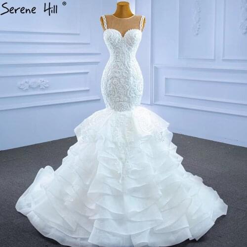 Serene Hill White Mermaid Luxury Wedding Dresses 2021 Beaded Tiered Sexy Elegant Bride Gowns HM67255 Custom Made