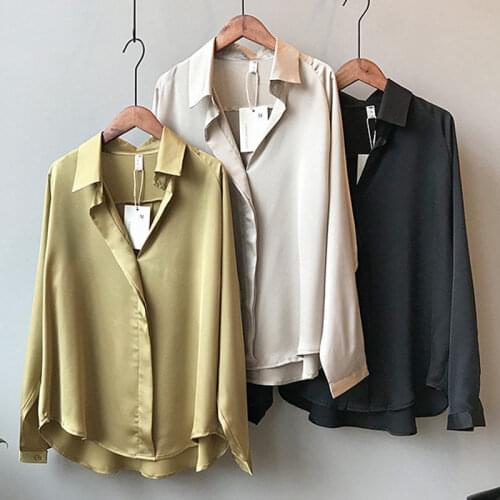 Spring Autumn 2021 New Long Sleeve Silk Shirt Women Solid Color Blouse Sexy V-Neck Button Tops Office Lady Casual Shirts aq222