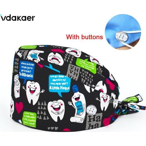 Dentist scrub cap Tooth pattern Printing Scrubs Hat women and men surgicals hat operating room hat nursing hat with button