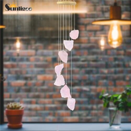Sunligoo New Crystal Rose Quartz Wind Chimes Natural Raw Stones Wall Hanging Windchime Decorative Ornament Gift for Home Garden