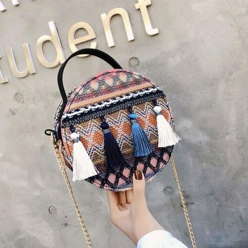 Brand New Boho Vintage Beach Straw Women Shoulder Bag Tassel Round Handbag Rattan Basket Ladies Crossbody Shoulder Storage Bag