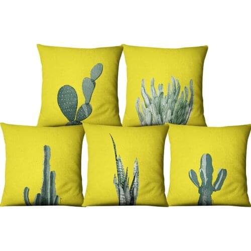 Succulent Plants Yellow Linen Cushion Covers 45x45 Cactus Flower Pattern Green Printed Sofa Throw Pillow Case for Car Home Decor