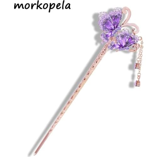 Morkopela Butterfly Crystal Hair Stick Fashion Charm Hair Clip Wedding Hair Accessories Metal Bridal Hairpin Jewelry