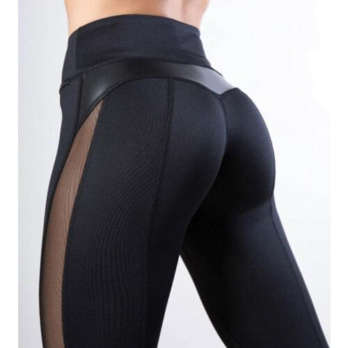 Hirigin Mesh PU Patchwork Yoga Pants Women High Waist Stitching Hollow Sport Trousers Running Training Fitness Gym Leggings