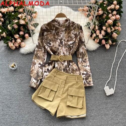 ALPHALMODA 2021 Summer Long-sleeved Printed Belted Shirt High Waist Pocket Shorts Women 2pcs Fashion Suit