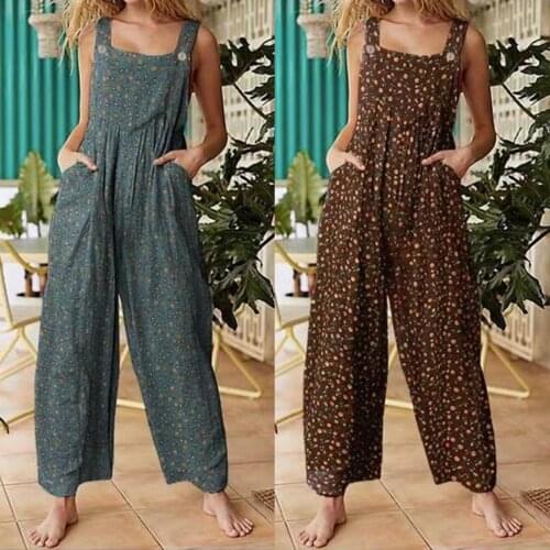 Women Loose Style Jumpsuit, Floral Printed Pattern U-shaped Collar Sleeveless Overalls, Brown/ Army Green