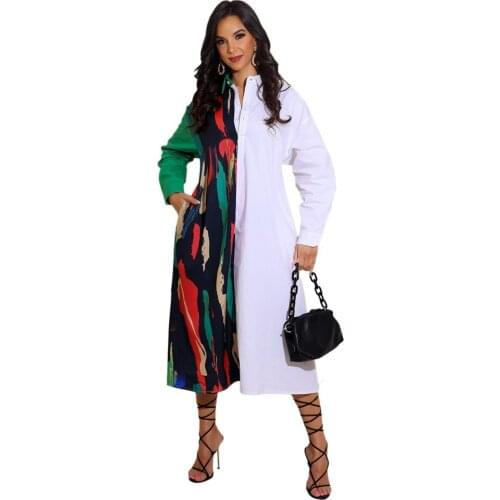 Women Shirt Dress Contrast Long Sleeve Side Split Long Dress Ladies Turn-down Collar Loose Pocket Sundress Party Dress Vestidos