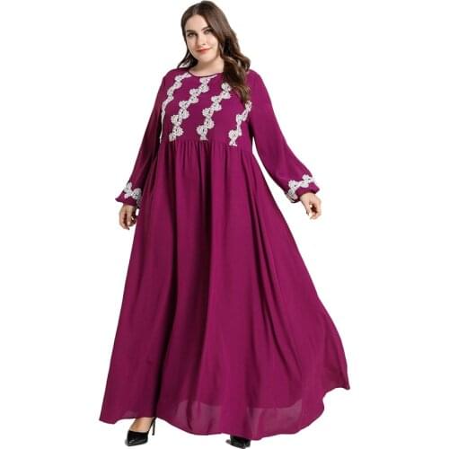Elegant Applique High Waist Pleated Gown Solid Color Dresses for Women Party Long Sleeve Muslim Fashion Robe 3XL 4XL