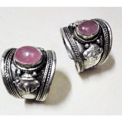 10pcs / lot rings Old Tibet Silver Carved Lace Pink crystal stone Nepal Ring Adjustable Unisex