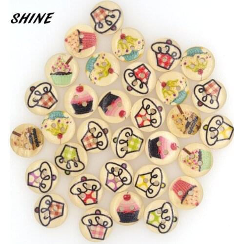 50PCs 2 Holes Wooden Buttons For Needlework New Year Decorative Buttons Cake Pattern For Clothes Accessories Sewing 15mm