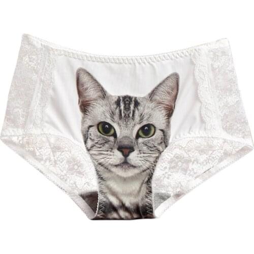 White Womens Panties Cartoon 3D Cat Pattern Girl Lace Briefs Female Underwear Cute Lingerie Ladies Underpants