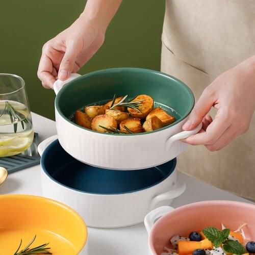 Binaural Ceramic Bakeware Round Baking Mold Cake Making Cheese Pasta Baked Rice Microwave Oven Nordic Style