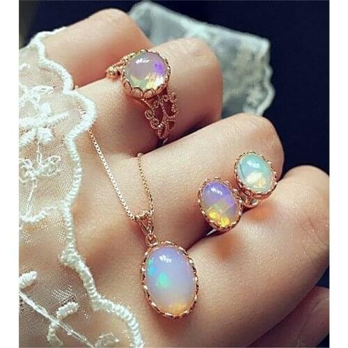 Elegant Luxury Design New Fashion Gold Filled Opal Pendant Necklace Stud Earrings Ring Jewelry Sets Women 3pcs Jewelry Sets