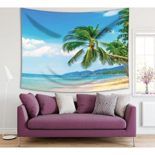 Tapestry Tropical Beach Palms with Around Fluffy Clouds on Sky Keep Calm Sea Nature Scenery Green Blue