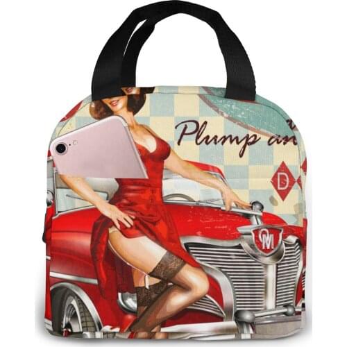 Insulated Lunch Bag Thermal Vintage Hot Dog Poster With Pin Up Girl And Retro Car Tote Bags Cooler Picnic Food Lunch Box Bag