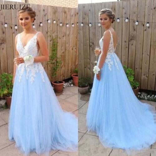 JIERUIZE Blue and White Lace long Evening Dresses V-neck Backless Long Prom Dresses Formal Dress Evening Gowns