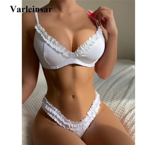 New Ruffled Frilled Underwire Bra Cup Bikini Women Swimwear Female Swimsuit Two-pieces Bikini set Bather Bathing Suit Swim V2965