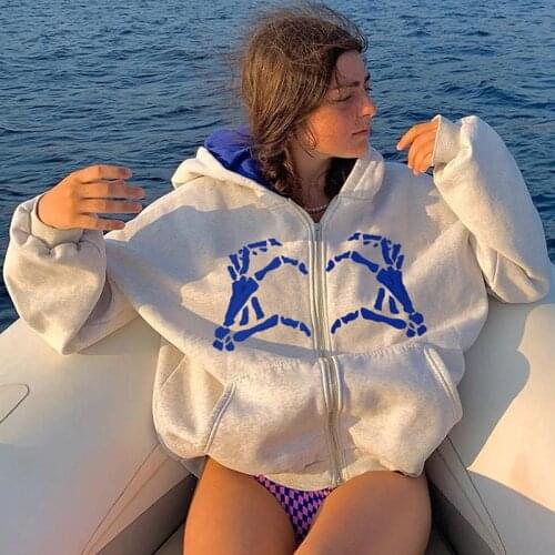 Gothic grunge graphic print Zip-up jacket Oversized sweatshirt 90s vintage streetwear Y2k Harajuku Punk E-girl Hooded Outwear