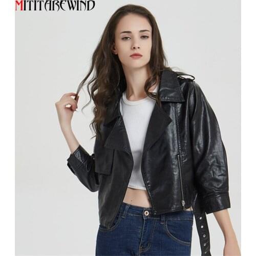 New Spring PU Leather Jacket Women BF Style Short Leather Coat Female Autumn Motorcycle Jacket With Belt Three Quarter Sleeve