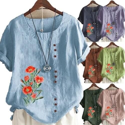 Summer New Style Casual Fashion Printed Loose T-shirt Retro Cotton and Linen O-neck Plus Size Short-sleeved Womens Blouse S-5XL