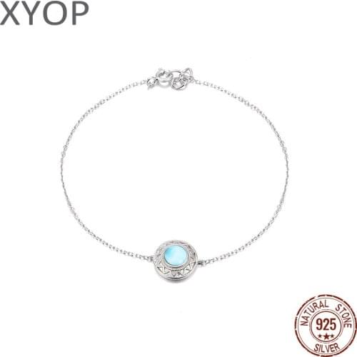 Fashion Retro Style Elegant 925 Sterling Silver Natural Gemstone Larimar Bracelet Bangle TRENDY Jewelry Gift for Women