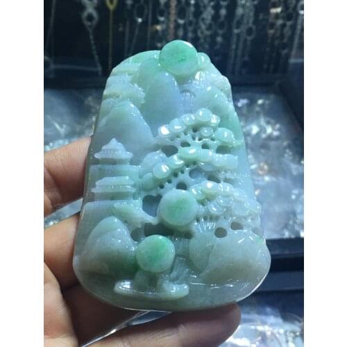 Natural Myanmar jade 7A HandCarved landscape waterfall jadeite green jade pendant jade necklace pendants jewelry jade necklaces