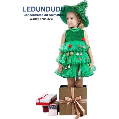 Girls Christmas Tree Cosplay Dress Childrens Christmas Party Grenn Decoration Costume Kids Layered Dresses (No Balls on dress)