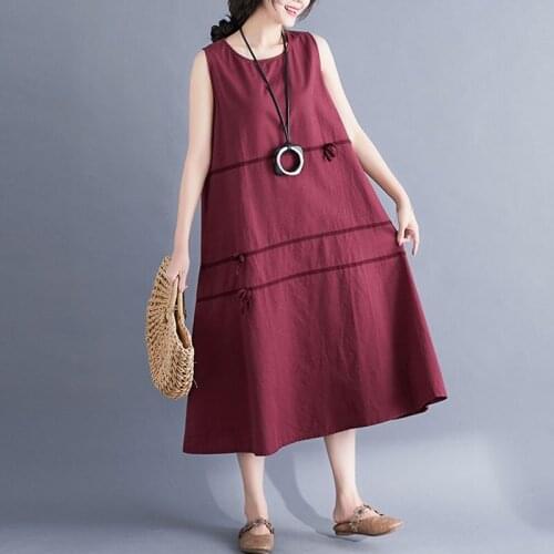 Women Cotton Linen Casual Dress New 2021 Summer Simple Style Vintage Solid Color Loose Female Sleeveless Long Dresses S2811