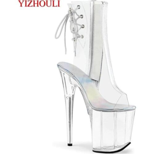 Full transparent sexy toe heels ankle boots, pole dancing crystal soles with 20cm high heels party dancing, dancing shoes