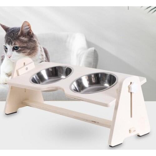 Adjustable Double Bowls 360 Degree Wood Large Capacity Cat Dog Food Feeding Dishes Non-Slip Multifunctional Dog Supplies