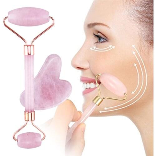 2pcs Rose Quartz Roller Slimming Face Massager Lifting Tool Natural Jade Facial Massage Roller Stone Skin Massage Face Care Set
