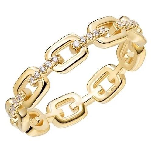 SOELLE Fashion Real 925 Sterling Silver Yellow Gold Color Link Chain Finger Ring Micro Zirconis Women Fine Party Brand Jewelry