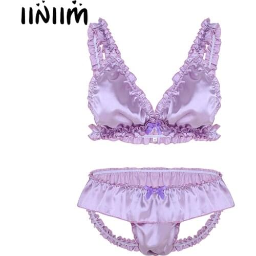 Mens Sissy Lingerie Gay Male Panties Bowknot Jockstraps Ruffled Bra Top with Open Butt Panties Underwear Gay Male Cross Dresser