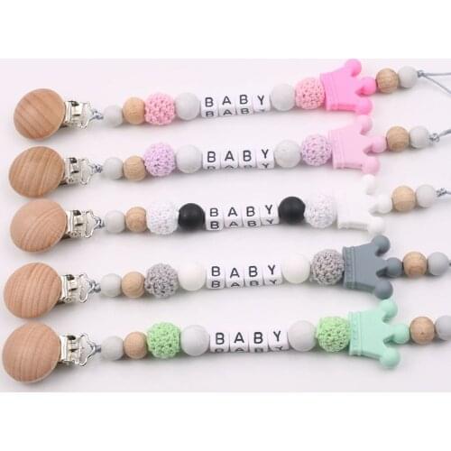 Customized DIY Baby Pacifier Clips Pacifier Chain with Beech Wood Holder for Infant Baby Shower Gift