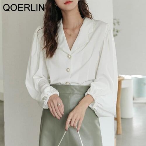 QOERLIN French Pearl Collar Blouse Women Autumn Long Sleeve Chiffon Shirt White Black Puff Sleeve Loose Casual Button Up Shirts