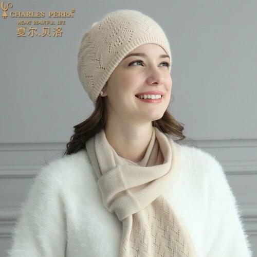 Charles Perra Hats Female Autumn Winter Hat Scarf Two-Piece Sets Double Layer Thermal Thicken Women Knitted Hats 2020 New 9A25