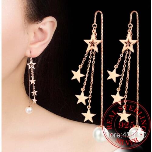 925 Sterling Silver New Jewelry New Woman Fashion Gold and Silver Earrings Long Tassel Five-pointed Star Round Retro