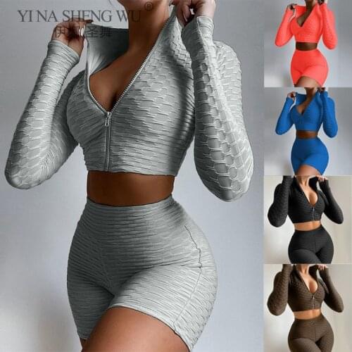 Two Pieces Sports Suit Female Solid Running Sets Zipper Stand Collar Long Sleeve Crop Tops+High Waist Shorts Women Tracksuit New