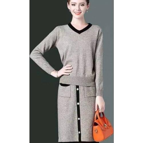 2021 New Casual Loose Tops And Knee Length Skirt Knitted Set Solid Women Pullover Sweaters Skirts Two Piece Suits Clothing