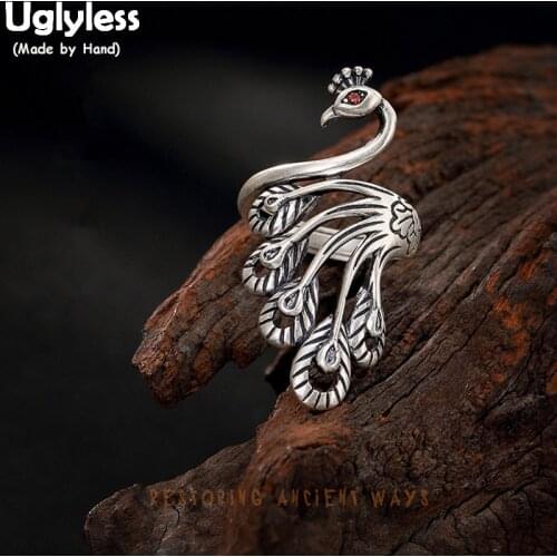 Uglyless Real 990 Fine Silver Women Handmade Engraved Peacock Finger Rings Hollow Ethnic Thai Silver Opening Ring Phoenix Bijoux