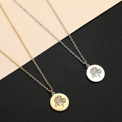 QIAMNI Stunning Birth Flowers Necklace Carnation Rose Charms Jewelry Gift for Women Engraved Flora Pendant Necklace Choker