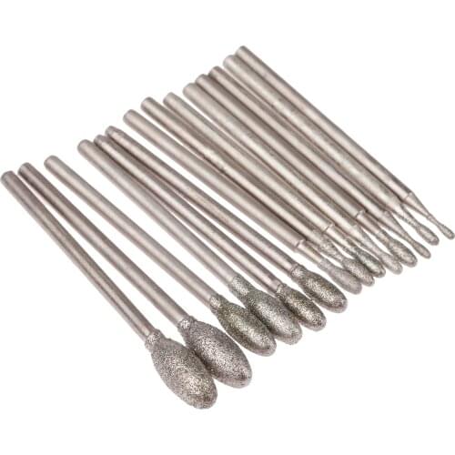 14Pcs 1.2-5mm Oval Diamond Grinding Head Burrs Bits 2.35mm Shank Jade Stone Carving Polishing Engraving Tools Dremel Accesories