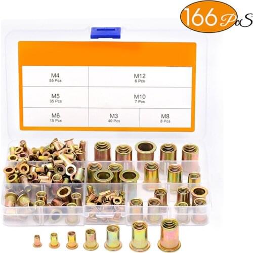 166pcs in box Carbon steel color zinc plated flat head vertical grain riveting nut set knurled countersunk head vertical grain
