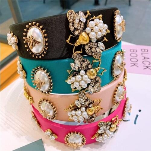 2021 Vintage Luxurious Bee Pearl Rhinestone Bezel Hair Band Women Hoop Hair Clips Girls Hair Accessories Headband