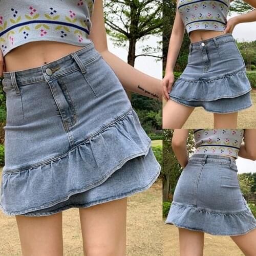 40GC Womens Vintage High Waisted Ruffles Hem Jeans Mini Denim Skirt Summer School Uniform A-Line Slim Package Hip Streetwear
