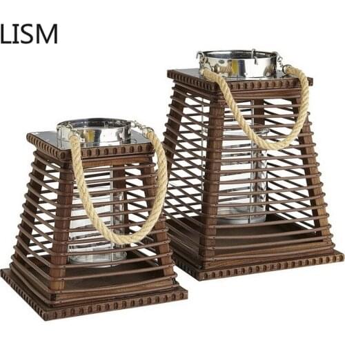 Large Rattan Wood Candle Holders Glass WindProof Candle Lantern Hotel Garden Courtyard Outdoor Wedding Decoration Candelabra New