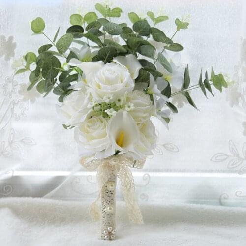 Artificial White Flower Bouquet Wedding Bouquet De Mariage Handmade Leaves Pearl Flowers Bridesmaid Wedding Bouquet Lace Ribbon